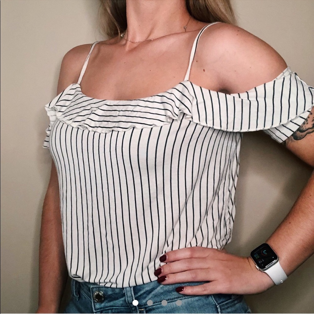 Black and White Pinstripe Off the Shoulder T-shirt